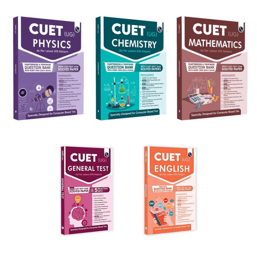 CUET (UG) Physics, Chemistry, Mathematics, General Test & English (Set of 5 Books) Chapterwise & Topicwise Question Bank (2023- 2024) with Complete NCERT Crux, CUET PYQs (2022-2023) Past Year Questions and Mock Test I For Central Universities Entrance Test 2024