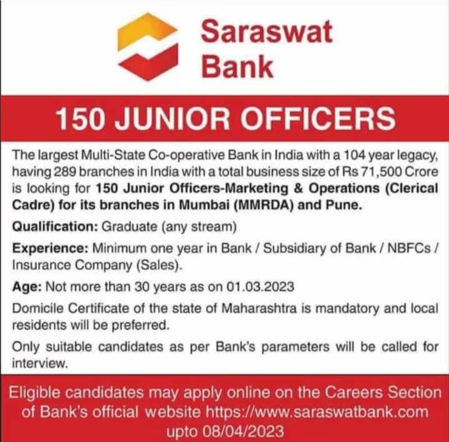 Saraswat Bank Recruitment 2023 Notification