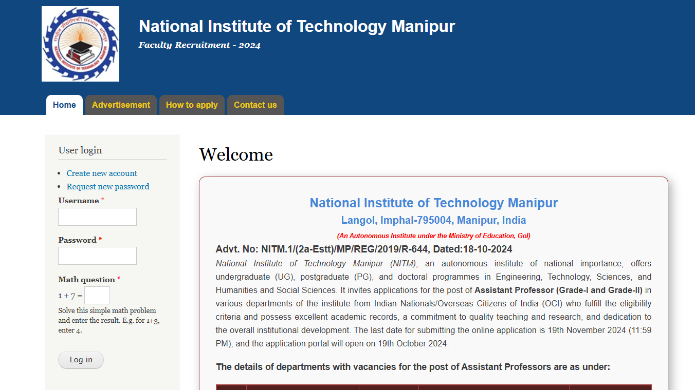 NIT MANIPUR Assistant Professor APPLY ONLINE