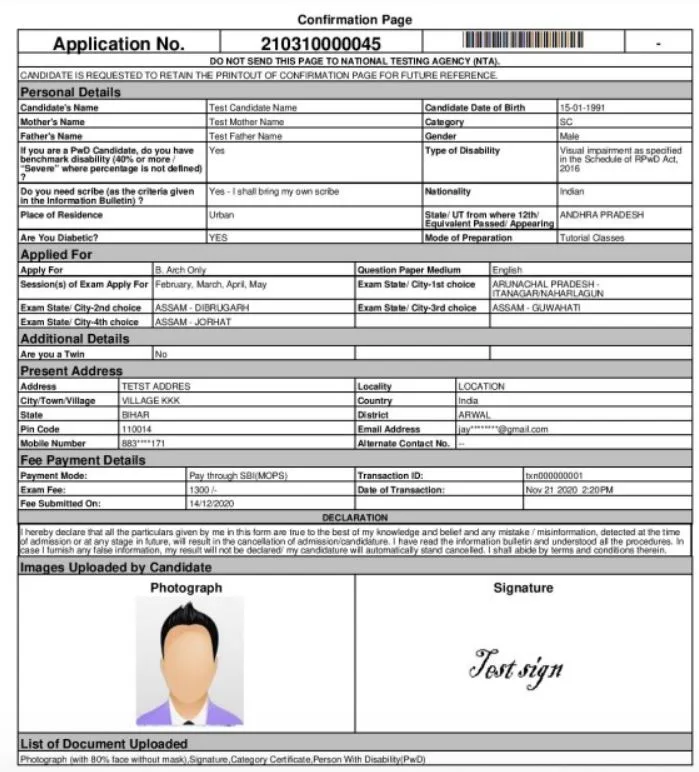 JEE Main 2024 Session 2 Registration Confirmation Page