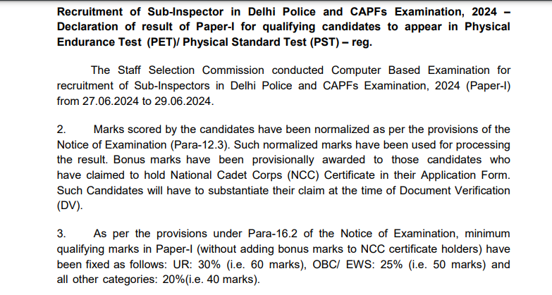 ssc cpo paper 1 result 2024