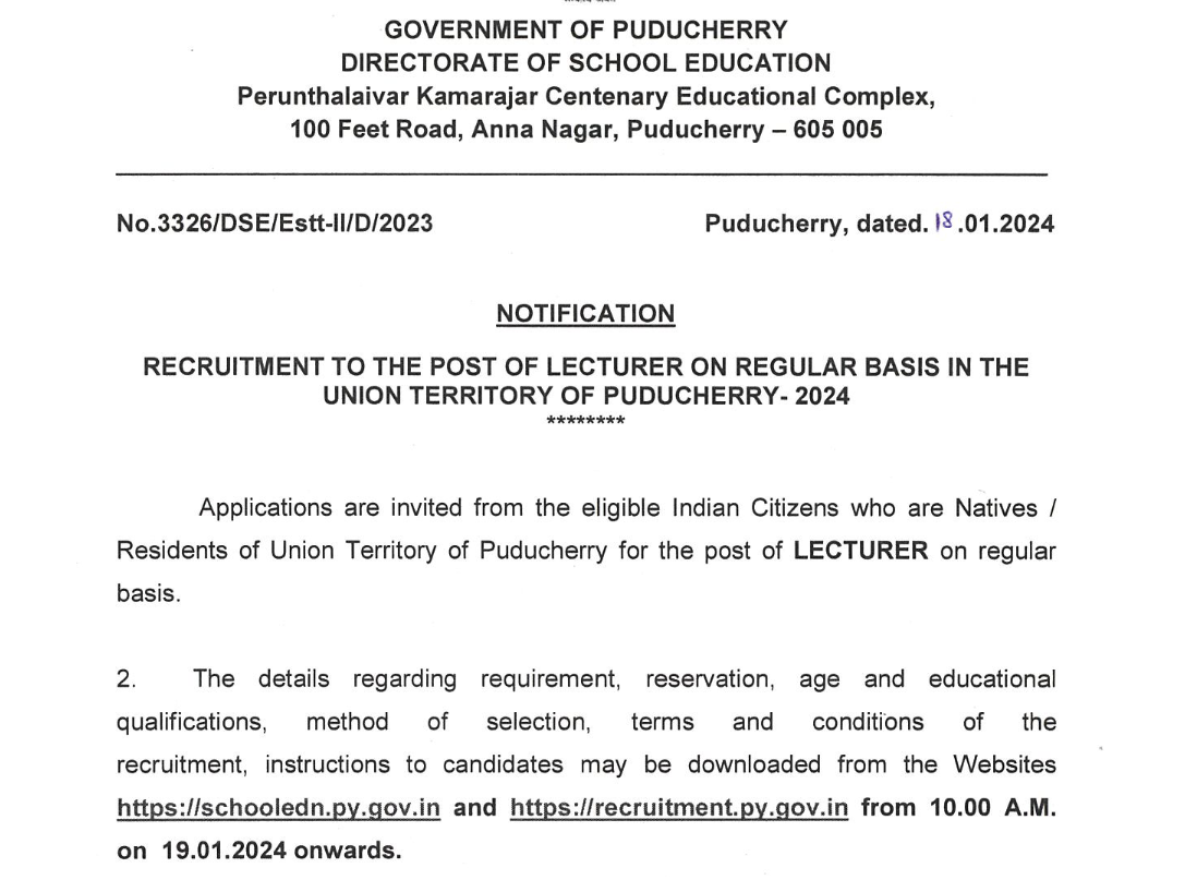 DPAR Puducherry Lecturer Recruitment 2024
