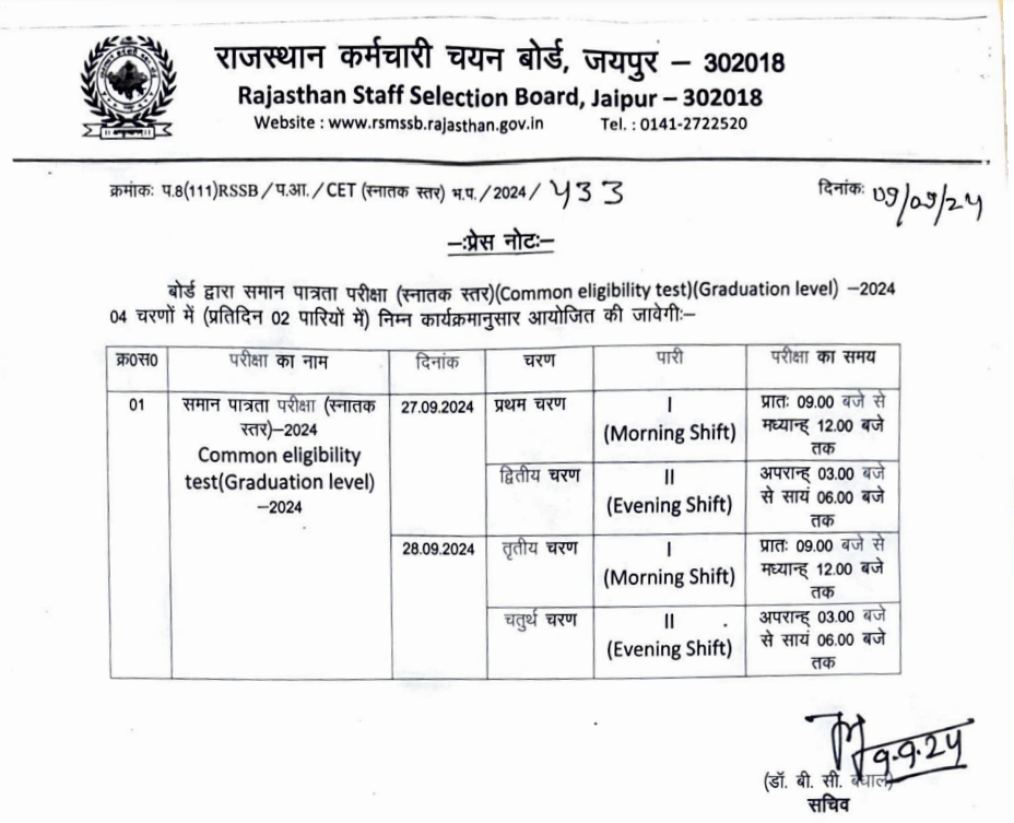Rajasthan CET Exam Date 2024