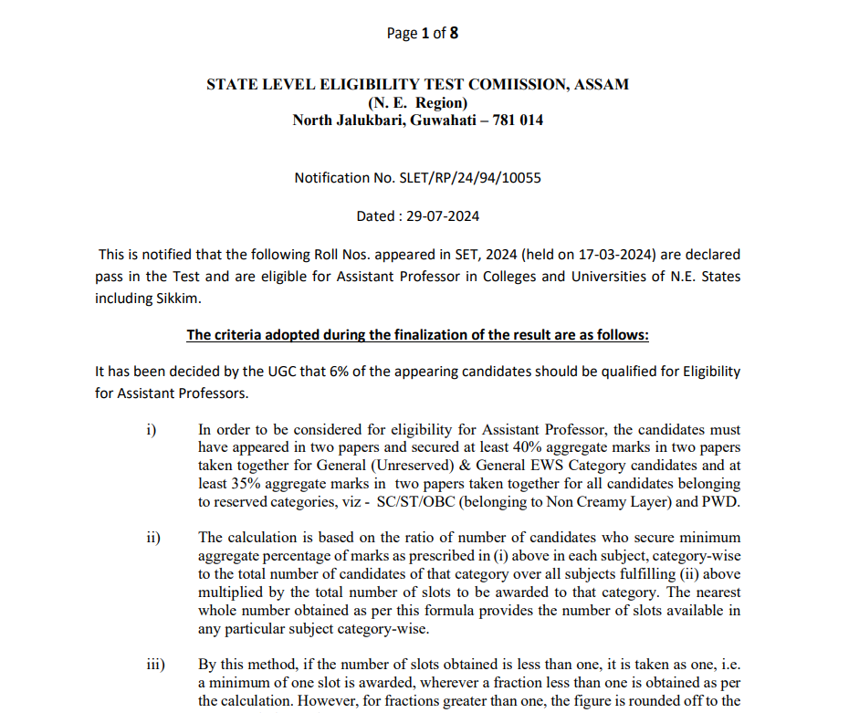 Assam SLET Result 2024