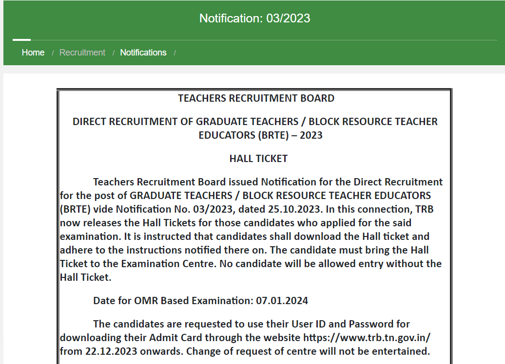 TN TRB Admit Card 2023