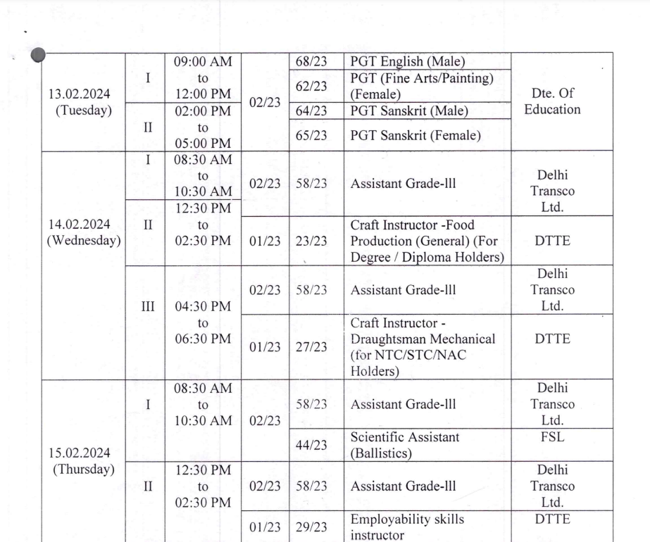 DSSSB PGT Exam date 2024