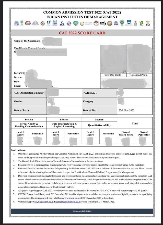Details Mentioned in CAT Result cum Scorecard 2024 