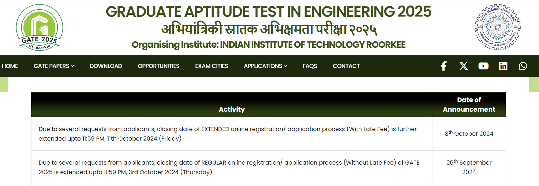 GATE 2025 Registration Date Extended