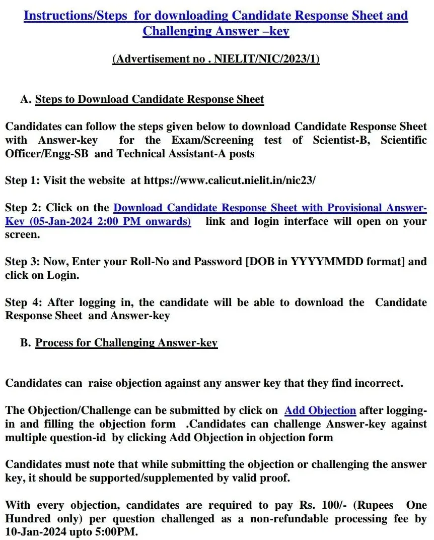NIELIT NIC Answer Key 2024