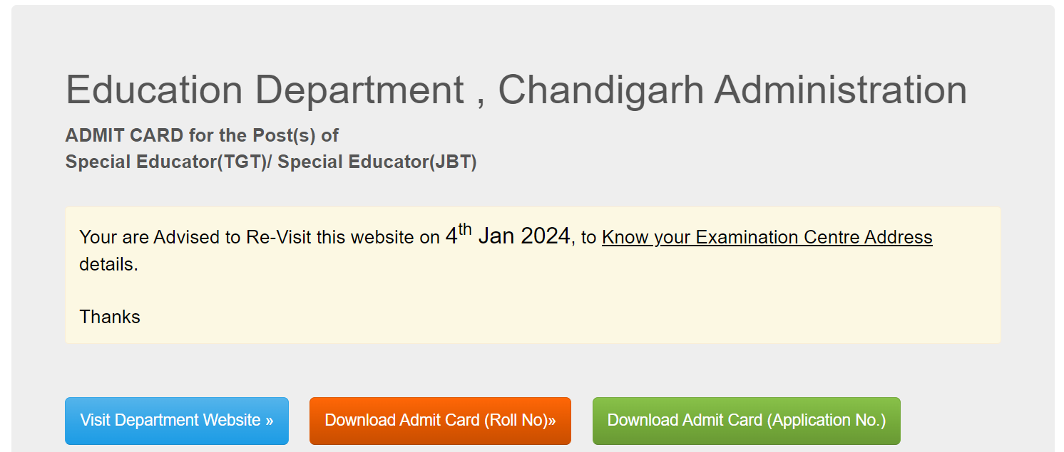 Chandigarh Special Educator Admit Card 2024