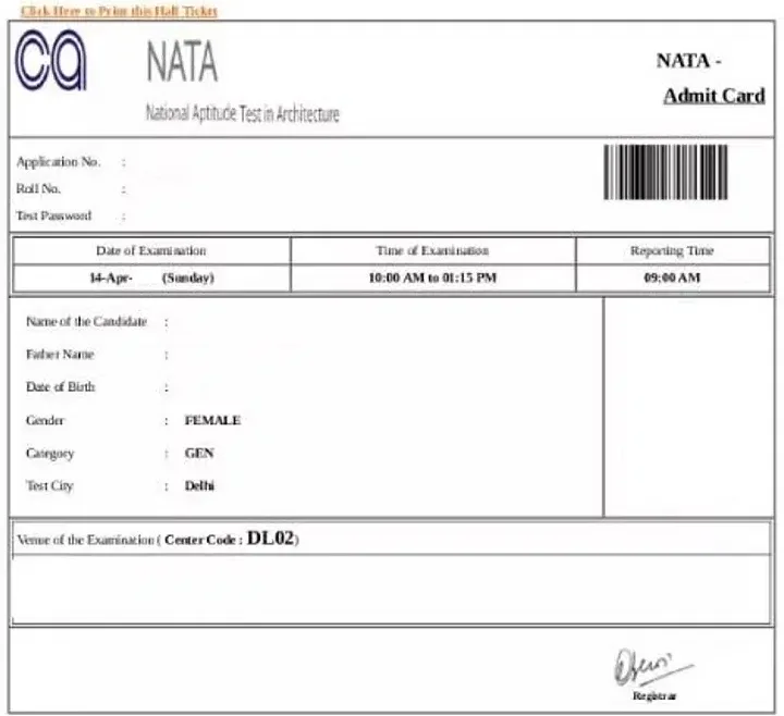 NATA Admit Card Image