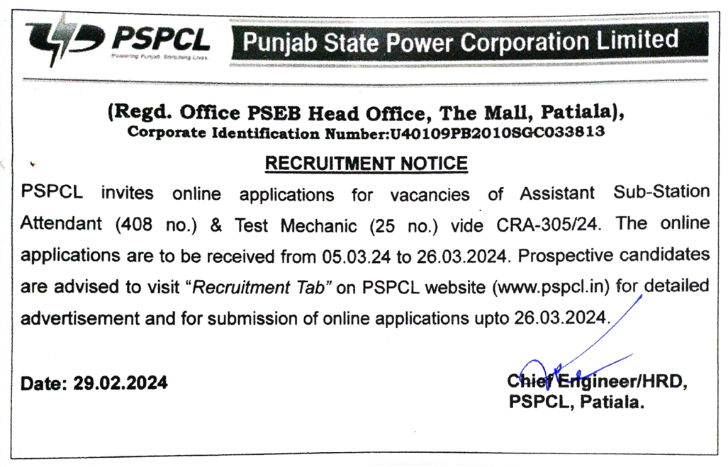 PSPCL Recruitment 2024