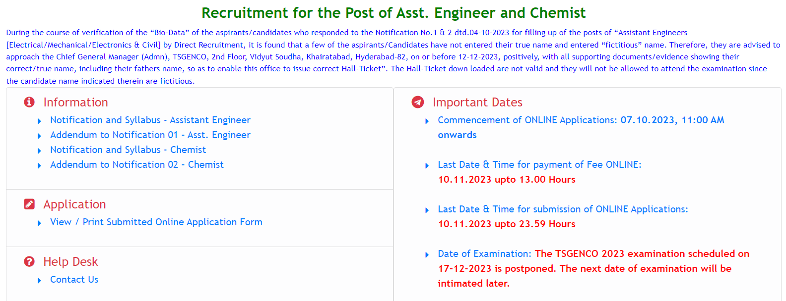 TSGENCO AE Exam Date 2023 Postponed Notice