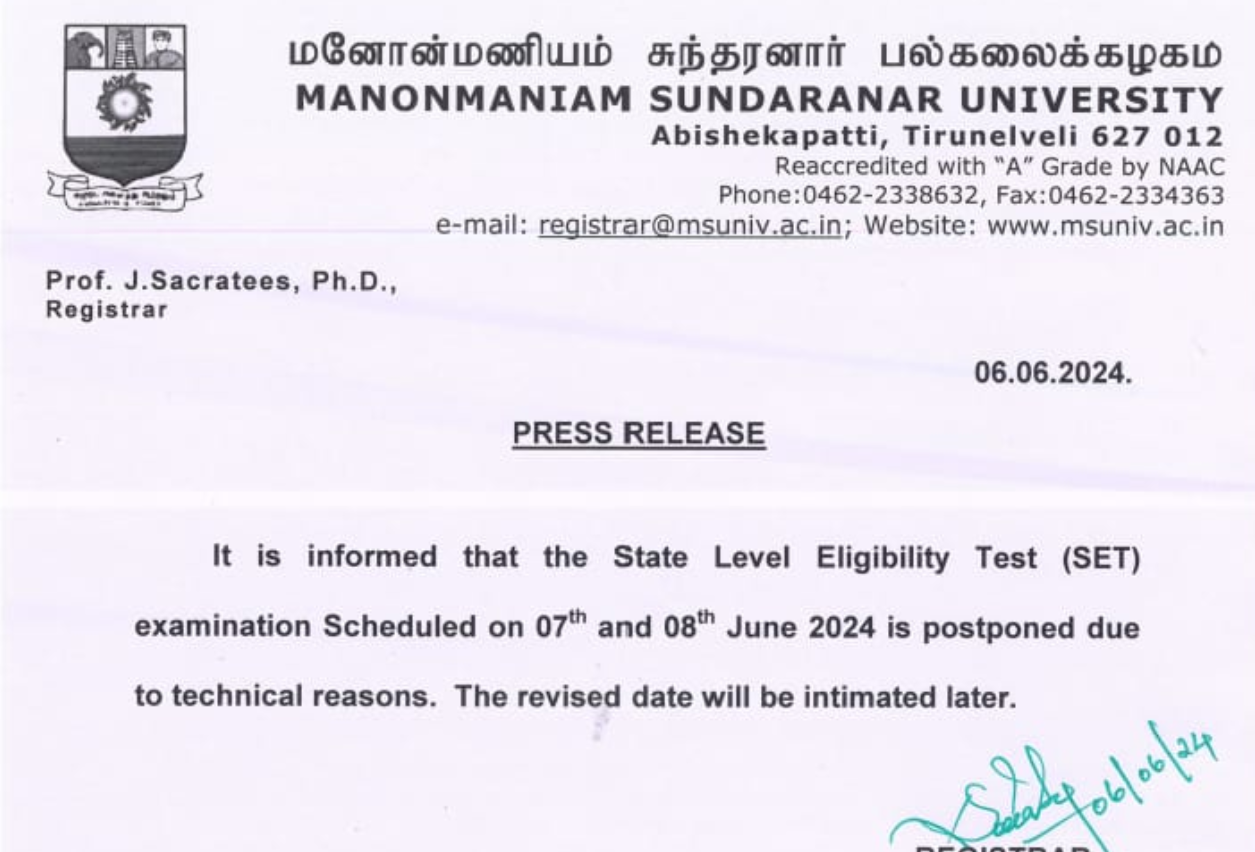 Tamil Nadu SET 2024 Exam Date Postponed