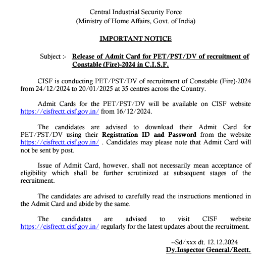 CISF FIREMAN ADMIT CARD