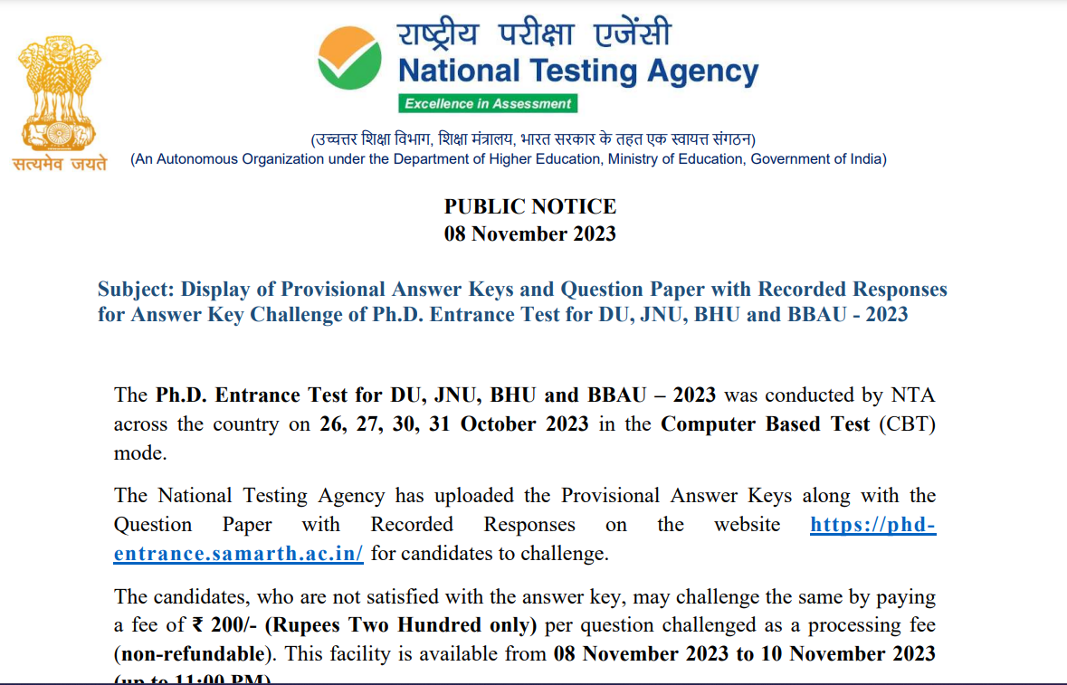 NTA PhD Answer Key 2023