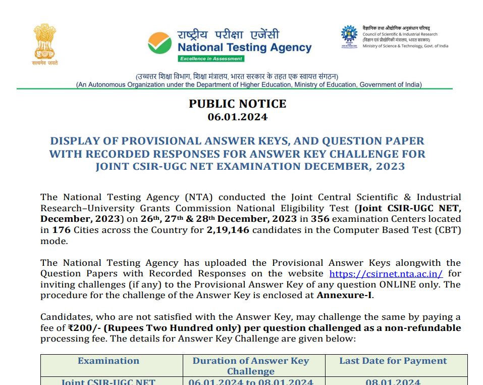 CSIR NET Answer Key 2023