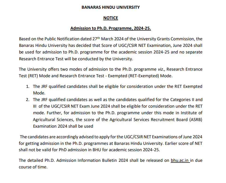 BHU Adopts UGC, CSIR NET Scores for PhD Admission 2024 