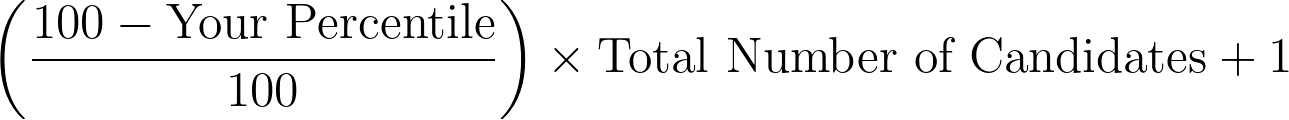 \left(\frac{100 - \text{Your Percentile}}{100}\right) \times \text{Total Number of Candidates} + 1