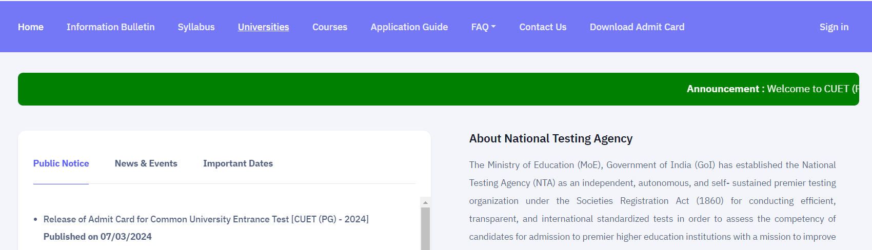 CUET PG Admit Card