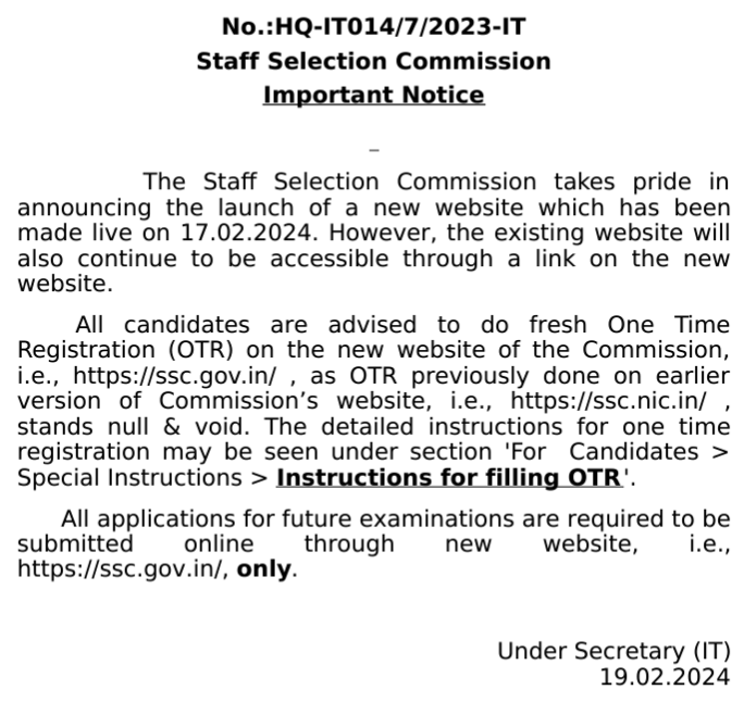SSC New Website Notice