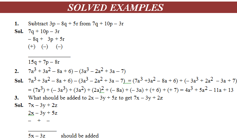 subtraction of algebraic expression