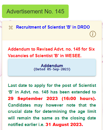 DRDO Scientist B Last Date Extended Notice