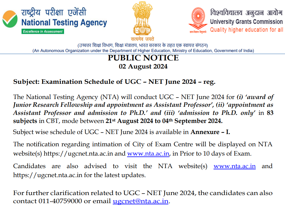UGC NET 2024 June Schedule