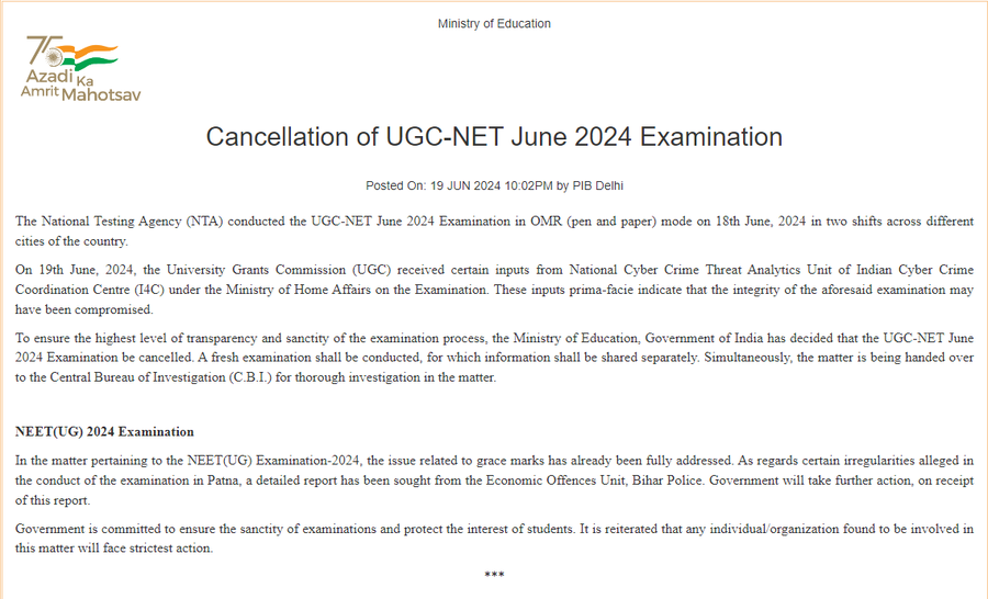 UGC NET June 2024 Exam Cancelled
