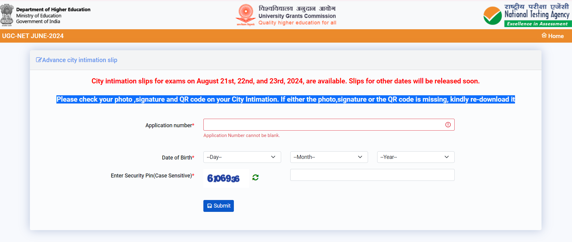 UGC NET 2024 City Intimation Slip