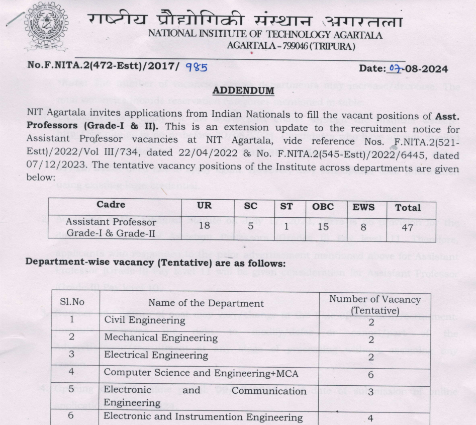 NIT Agartala Assistant Professor Notification 2024 PDF 
